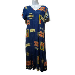 aloha hut blue geometric short sleeve V-neck long maxi dress Size S